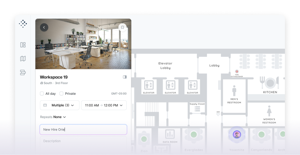 An office floor plan with a software interface for finding a room.