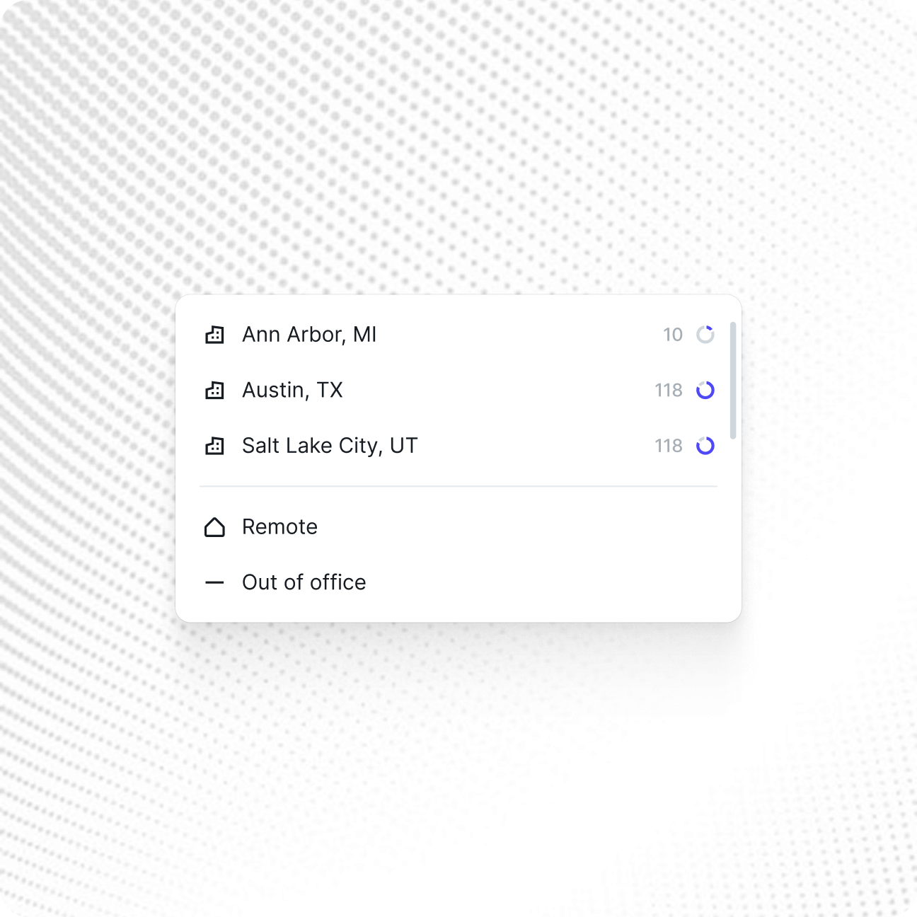 A user interface showing different office locations and statuses.