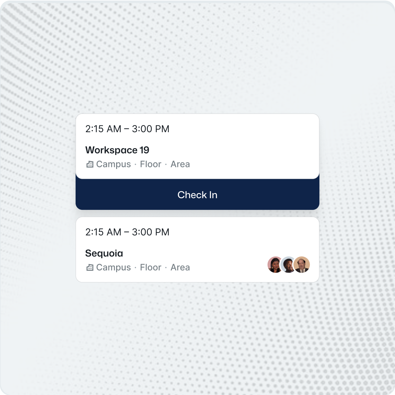  A software interface showing room reservations with a check-in button.