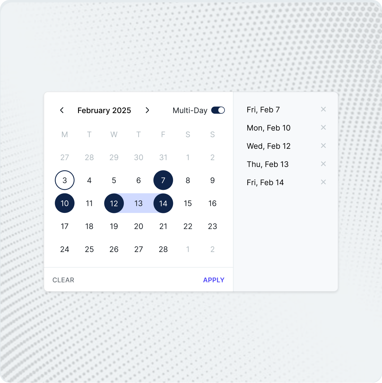  A calendar interface showing selected dates in February 2025.