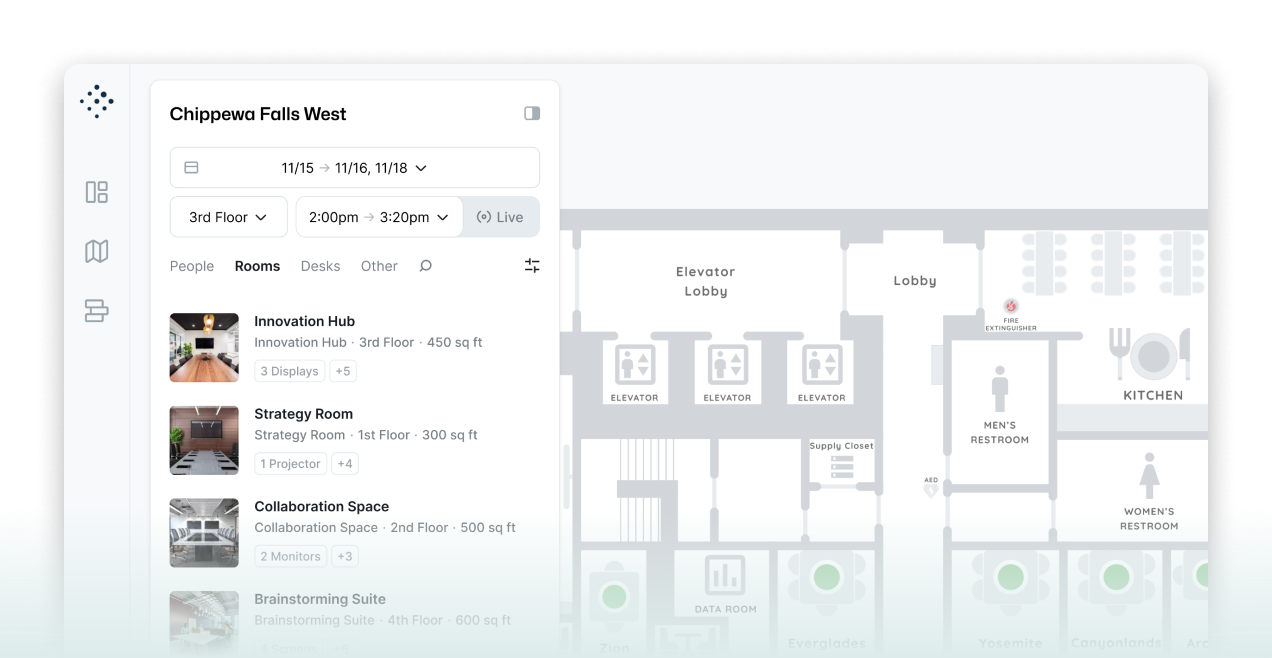 An office floor plan with a software interface for finding a room.