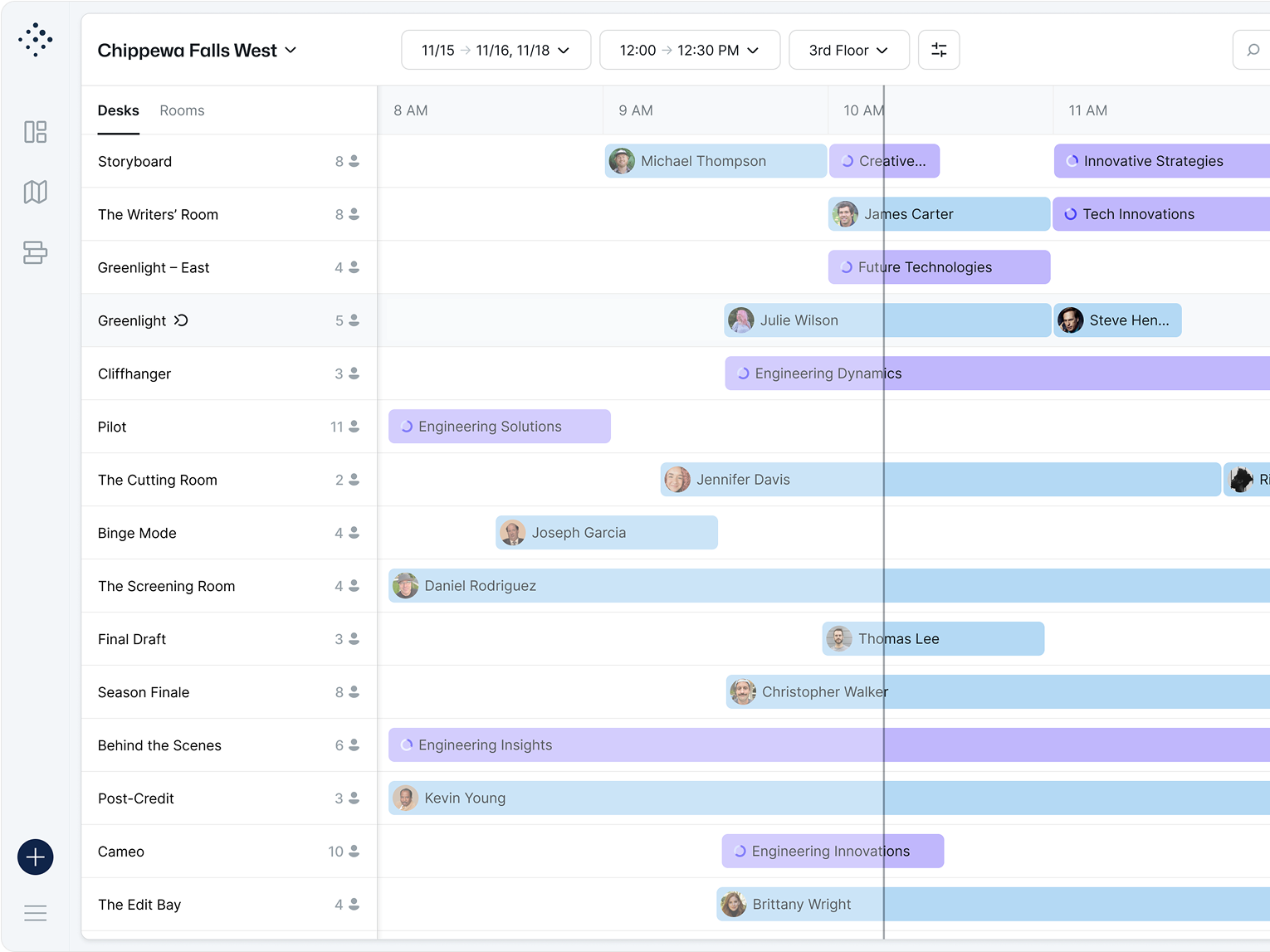  A timeline view of a software interface for booking rooms and desks.