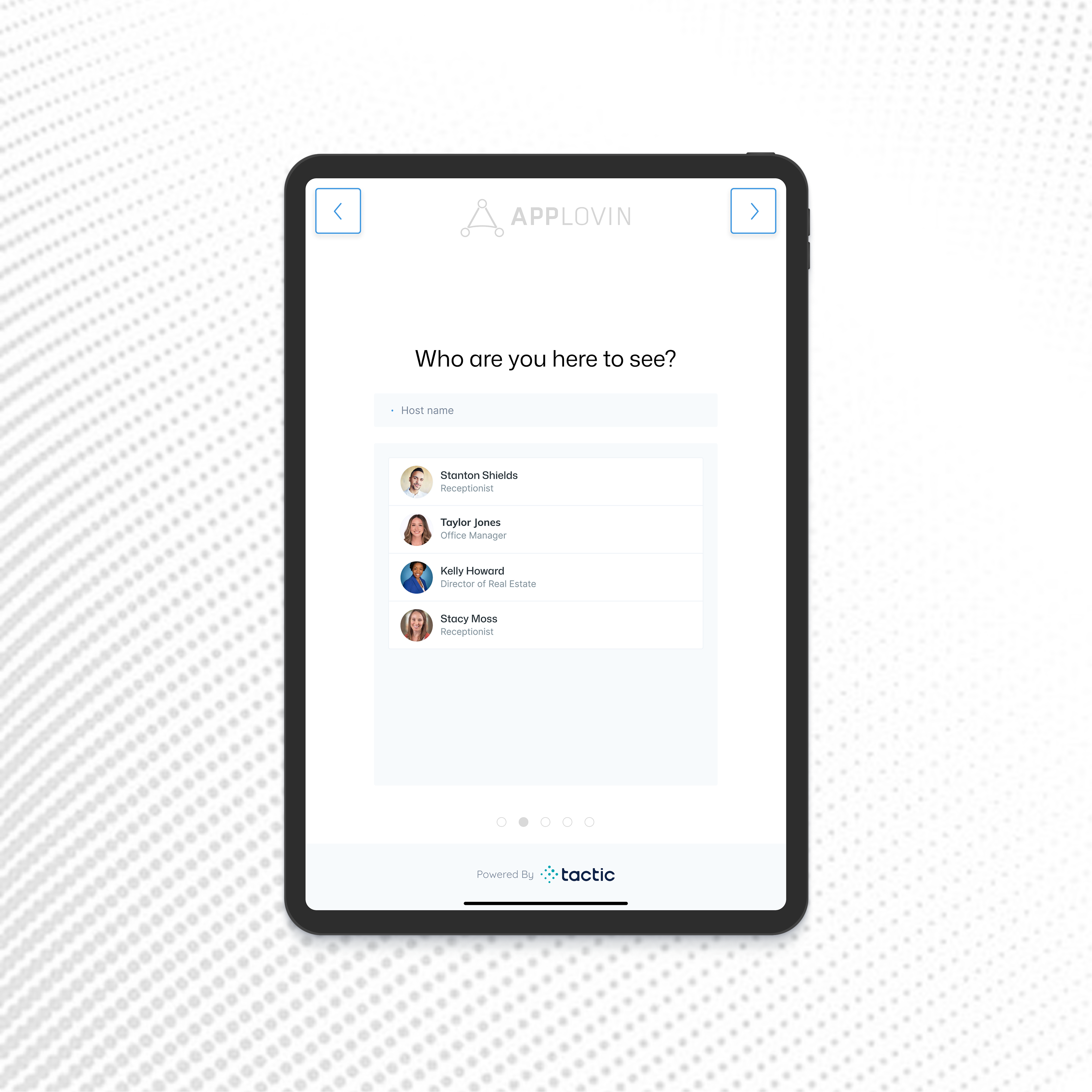 A tablet with a visitor check-in app screen.