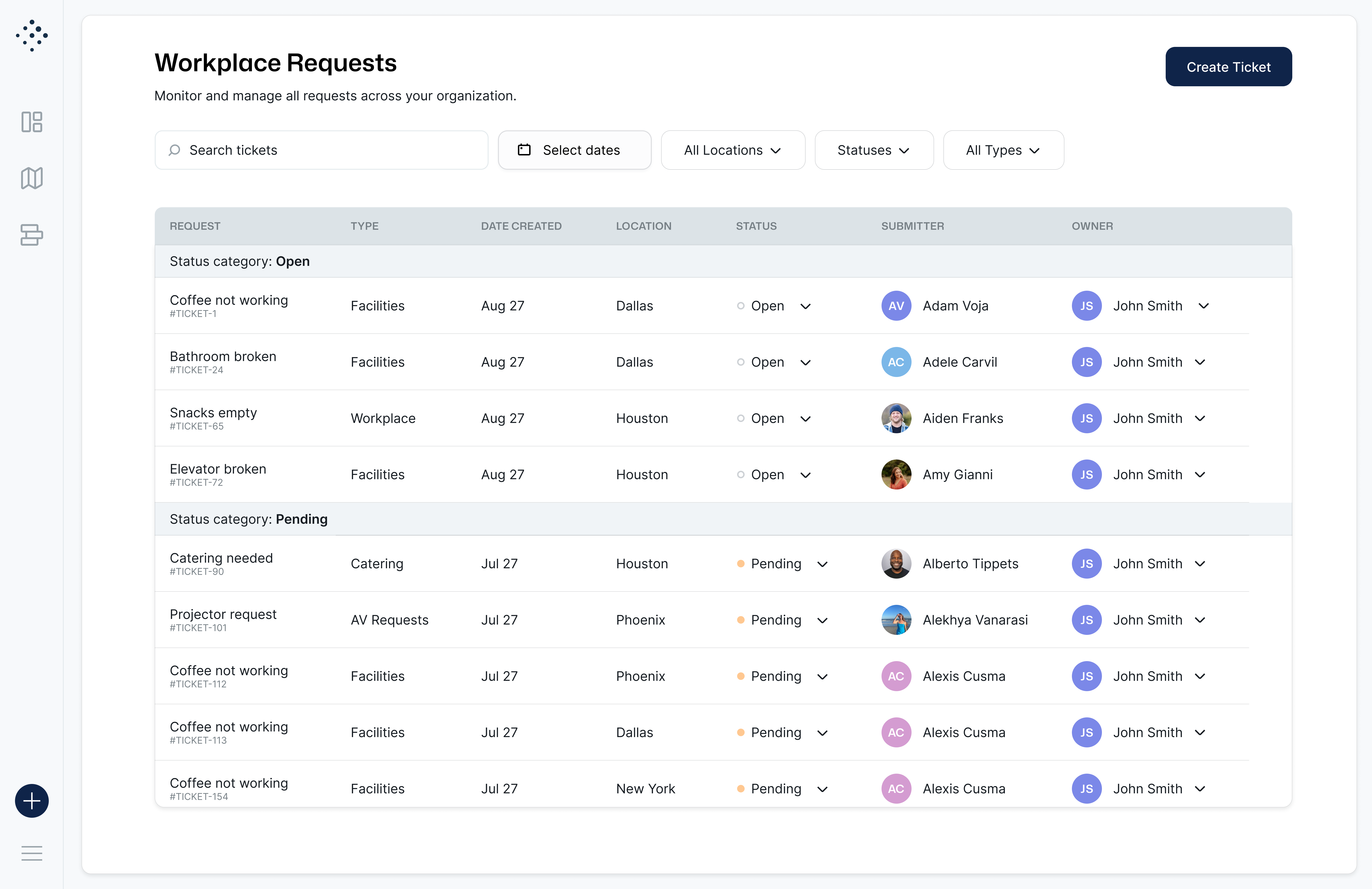 A timeline view of a software interface for booking rooms and desks.