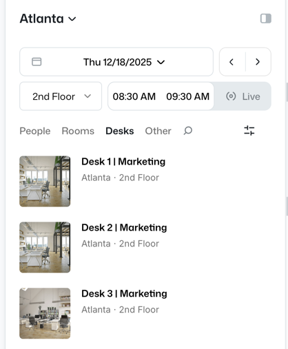 A software interface for booking an office desk.