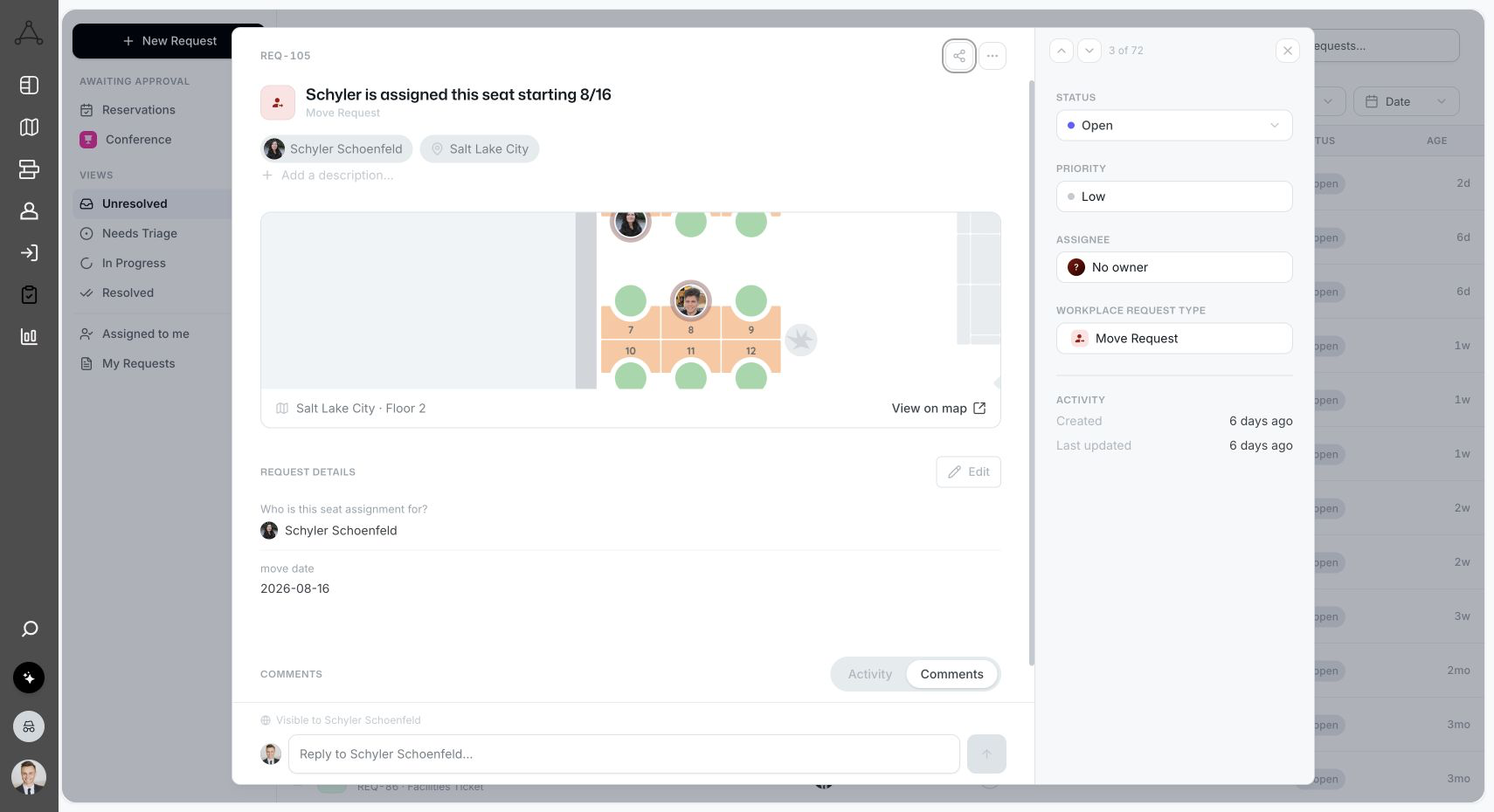 Tactic move request with assignment, status, comments, and location context