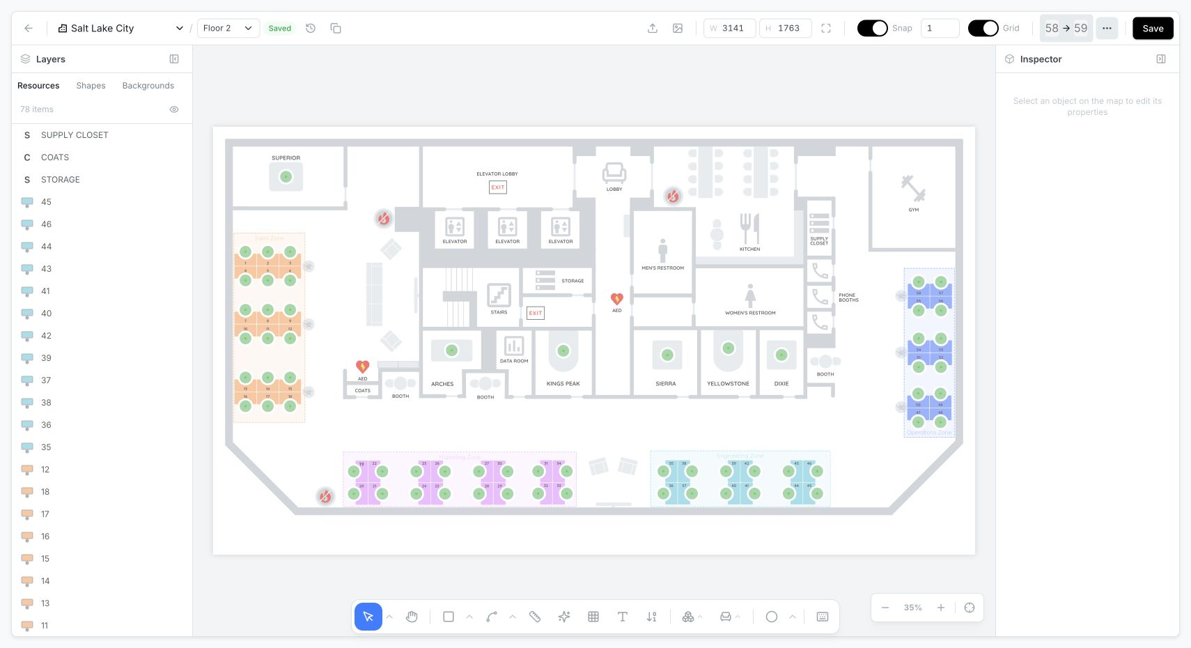 Tactic Map Builder showing layers, resources, editing tools, and the live floor plan