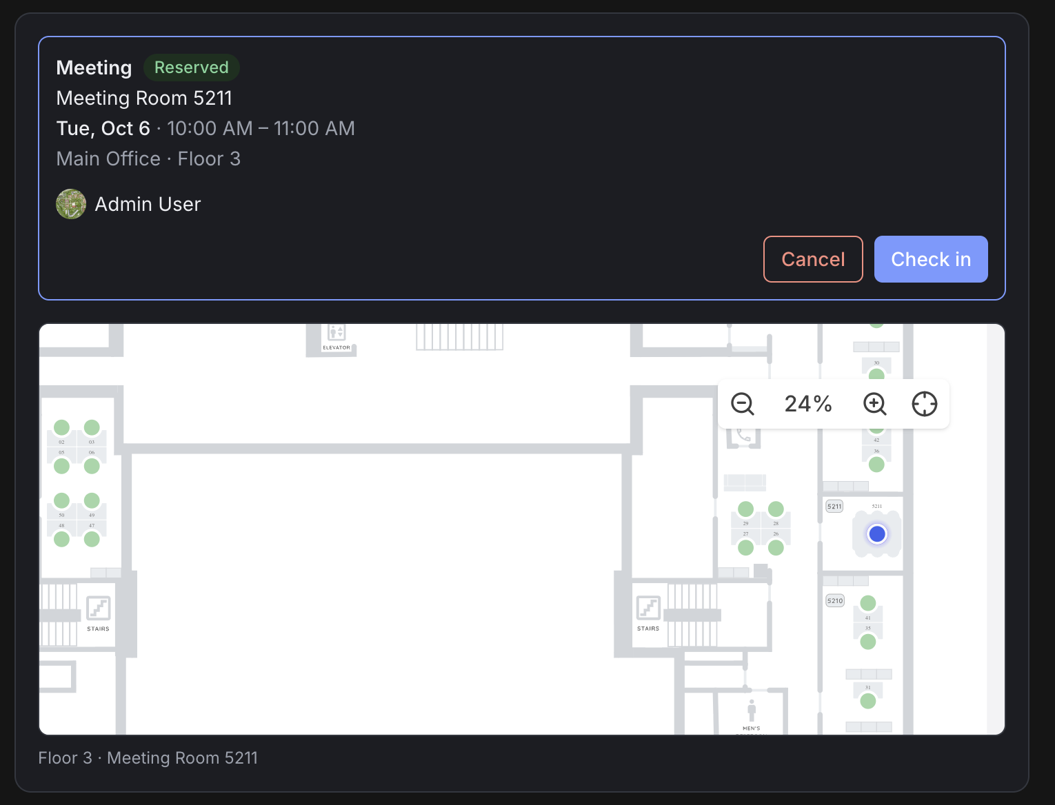 Tactic room reservation card with check-in and cancel controls above a floor map in Claude
