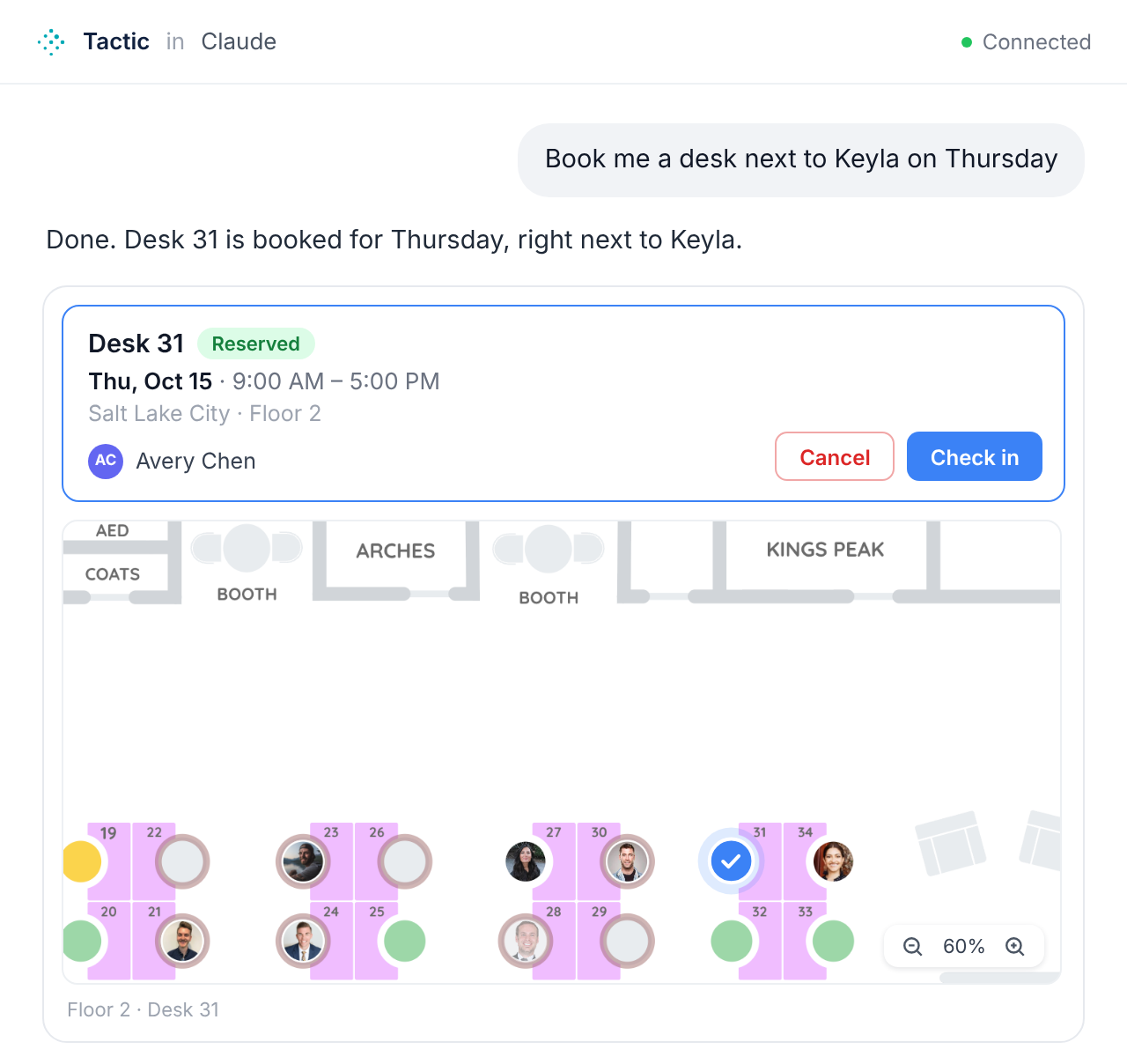 Tactic in Claude: a request to book a desk next to Keyla on Thursday, with Desk 31 reserved and shown on the live floor plan