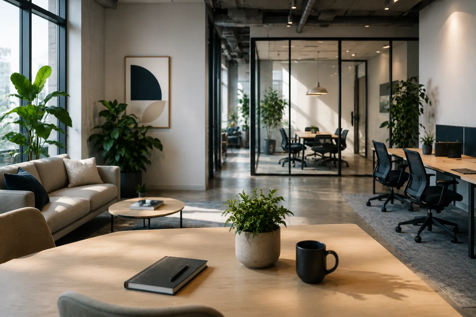 Modern office with desks, meeting rooms, analytics screens, and workplace teams reviewing office utilization data.