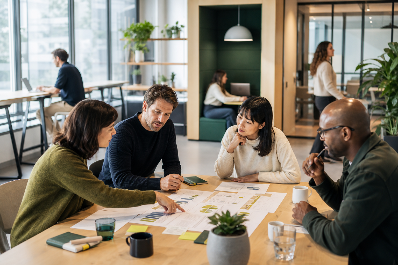 Workplace leaders reviewing office performance notes around a shared table