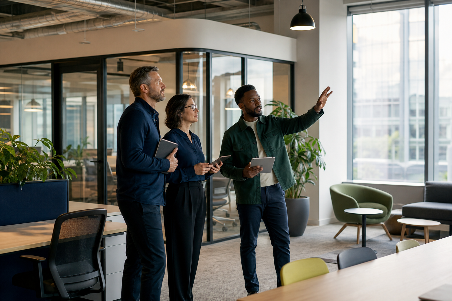 Workplace leaders reviewing the layout and use of a modern office with desks and meeting spaces.