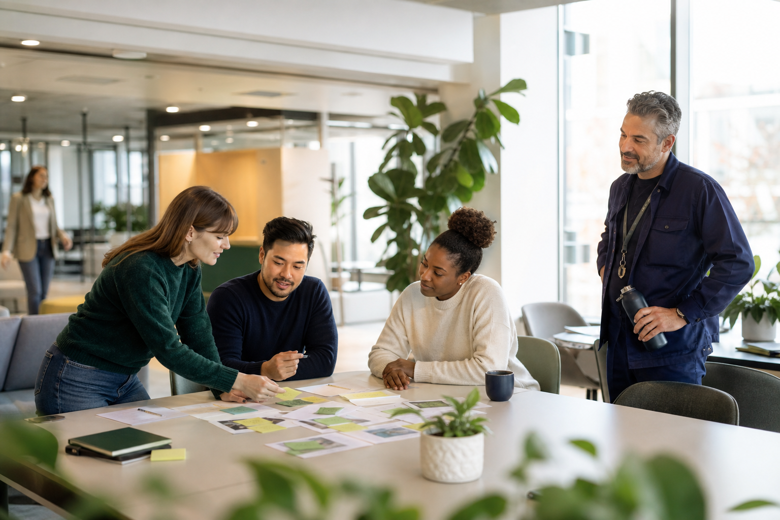 Workplace team discussing employee feedback around a table in a bright modern office