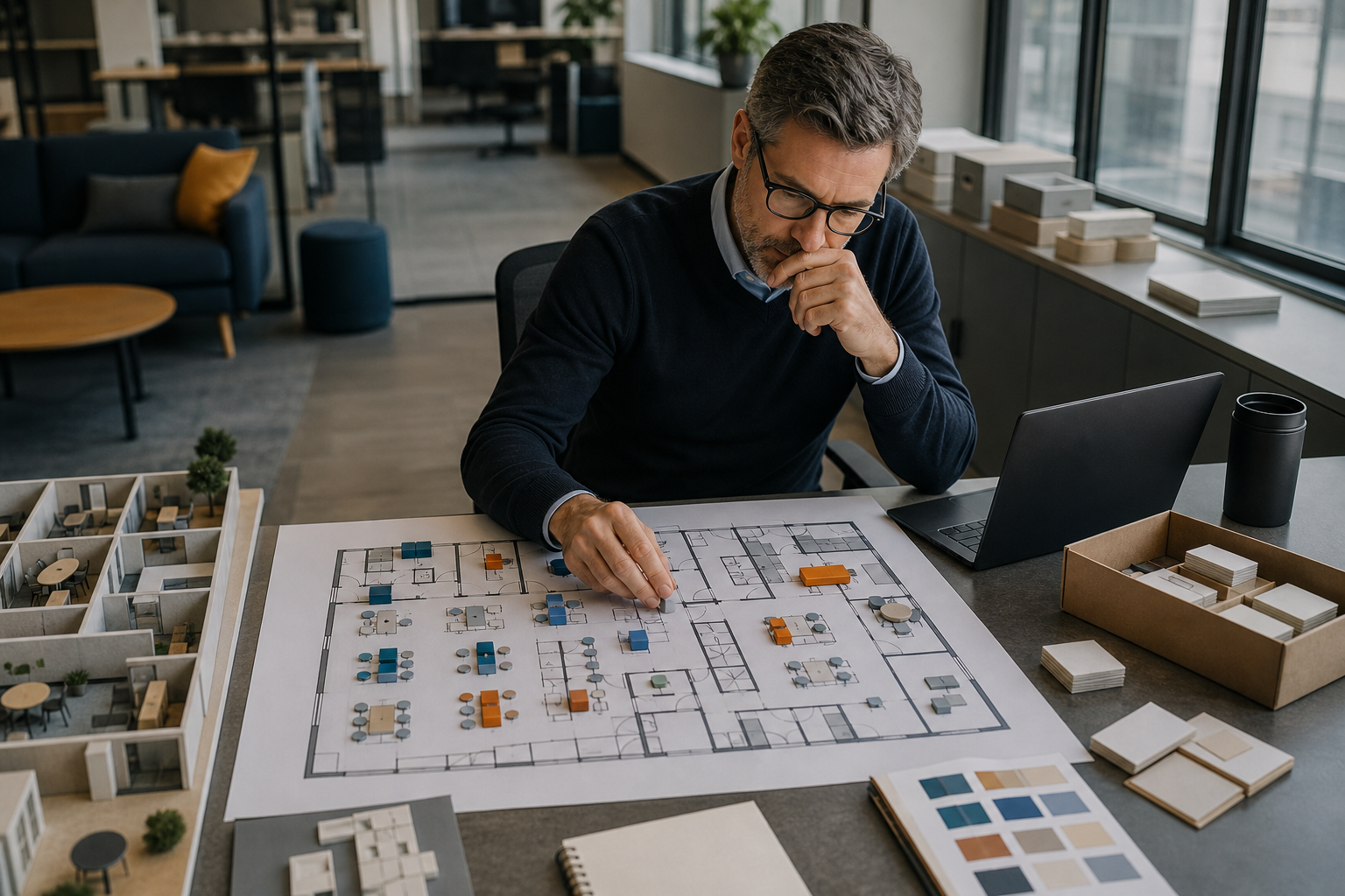 Workplace operations professional reviewing a physical office map and booking patterns beside a model of desks and meeting rooms