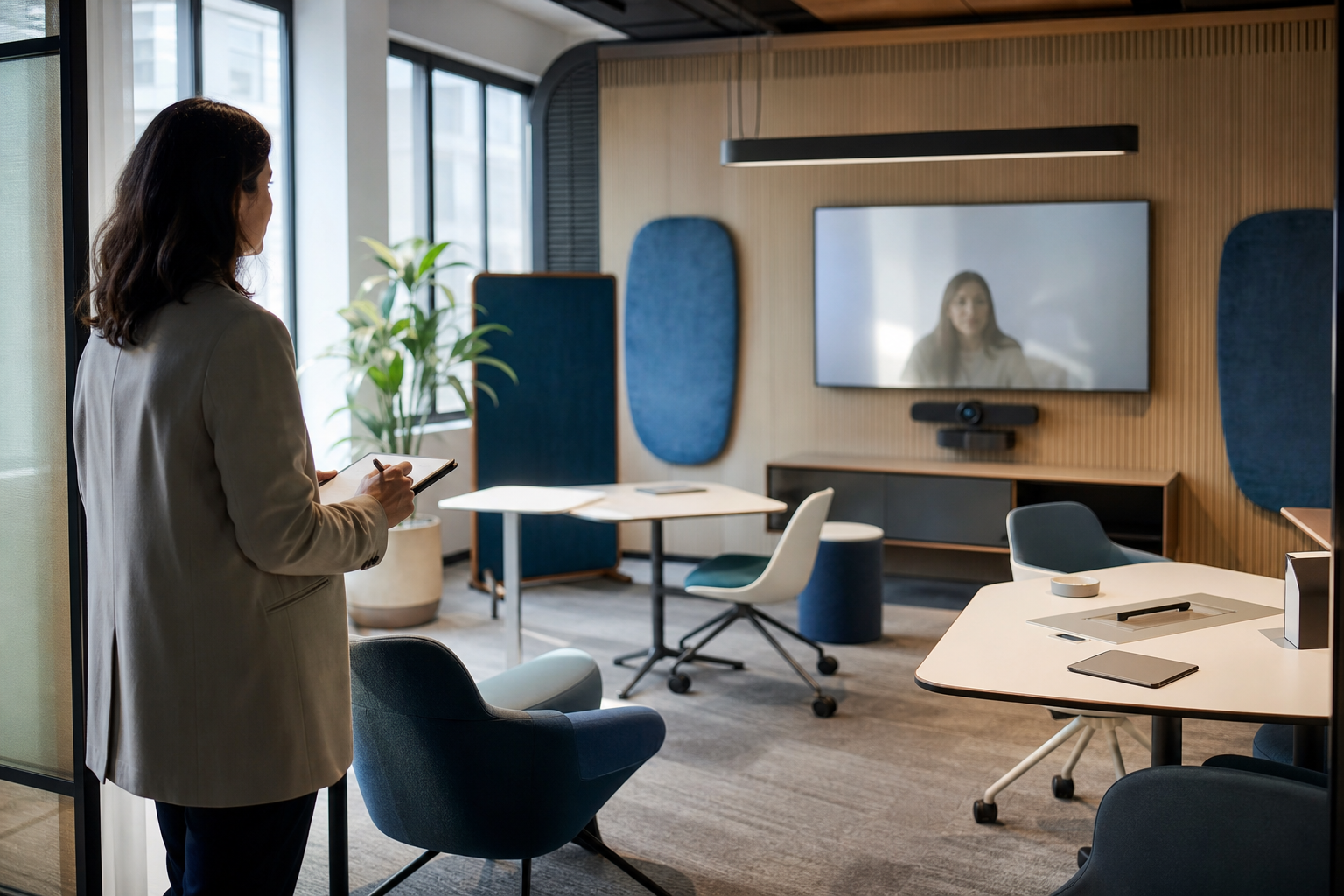 A modern meeting room being evaluated for hybrid work, with flexible furniture, a camera setup, and a workplace planner reviewing the space from the doorway