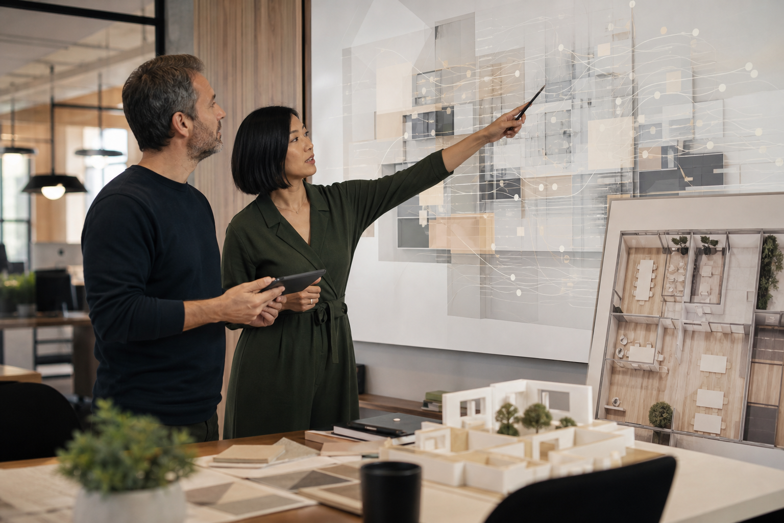 Workplace operations leader reviewing an AI-assisted service workflow beside a floor plan and occupancy analysis, with no visible text or logos