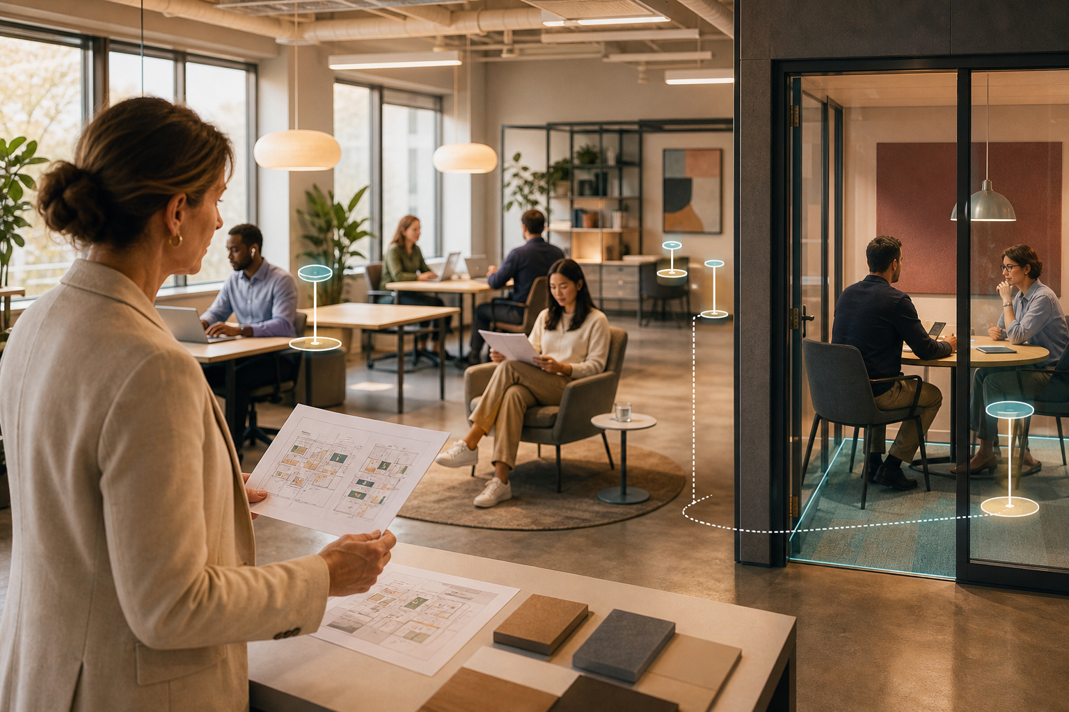 Workplace operations leader reviewing a pilot plan near a flexible office zone with desks, meeting rooms, and wayfinding elements