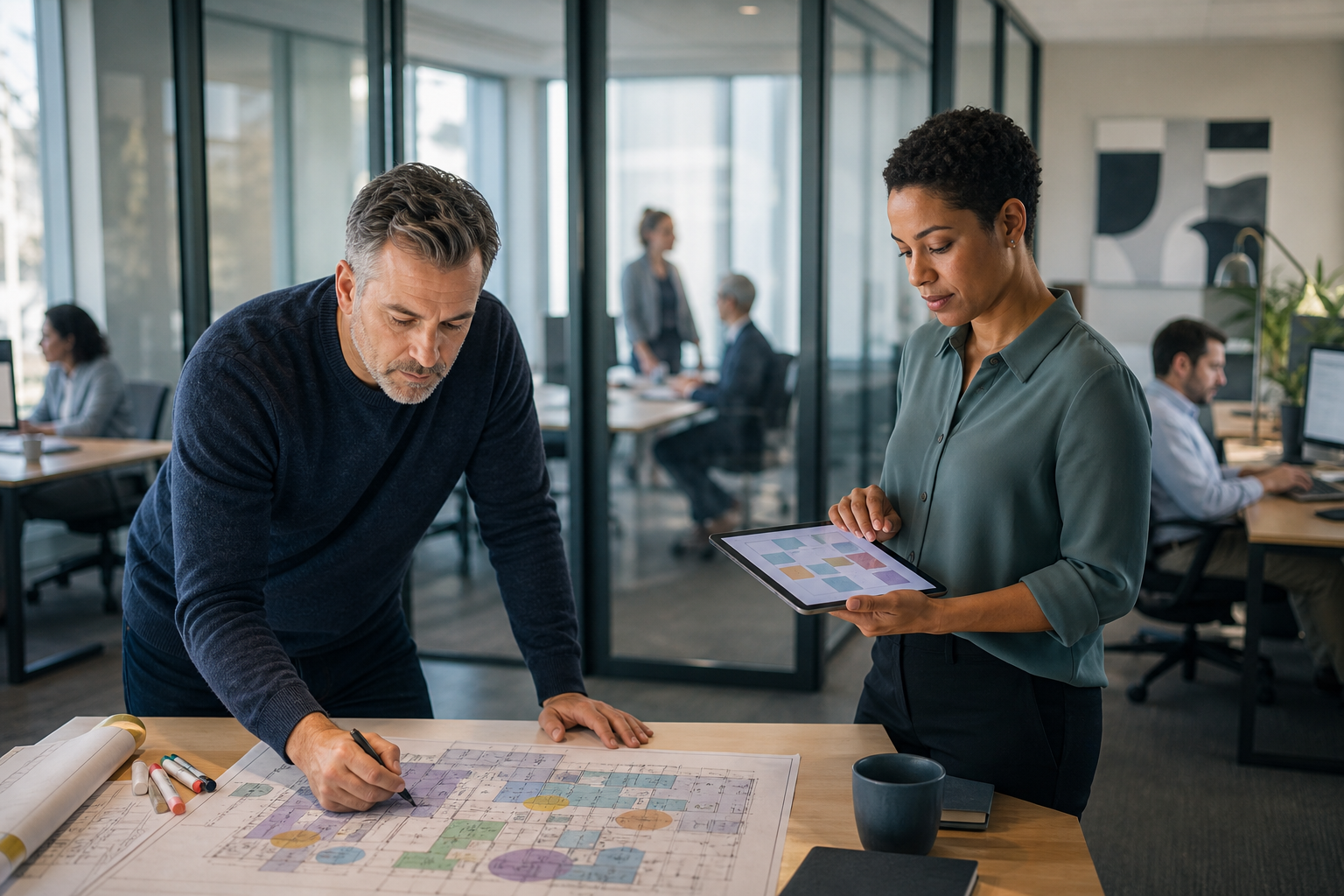 Workplace operations team reviewing a hybrid office communication plan beside a floor map and booking workflow notes