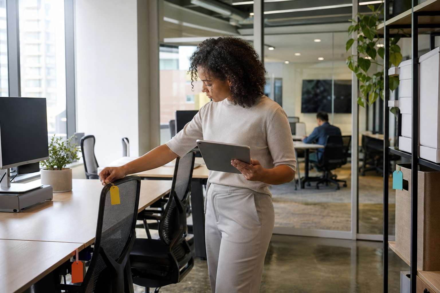 Workplace operations professional reviewing a detailed physical asset inventory in a modern hybrid office