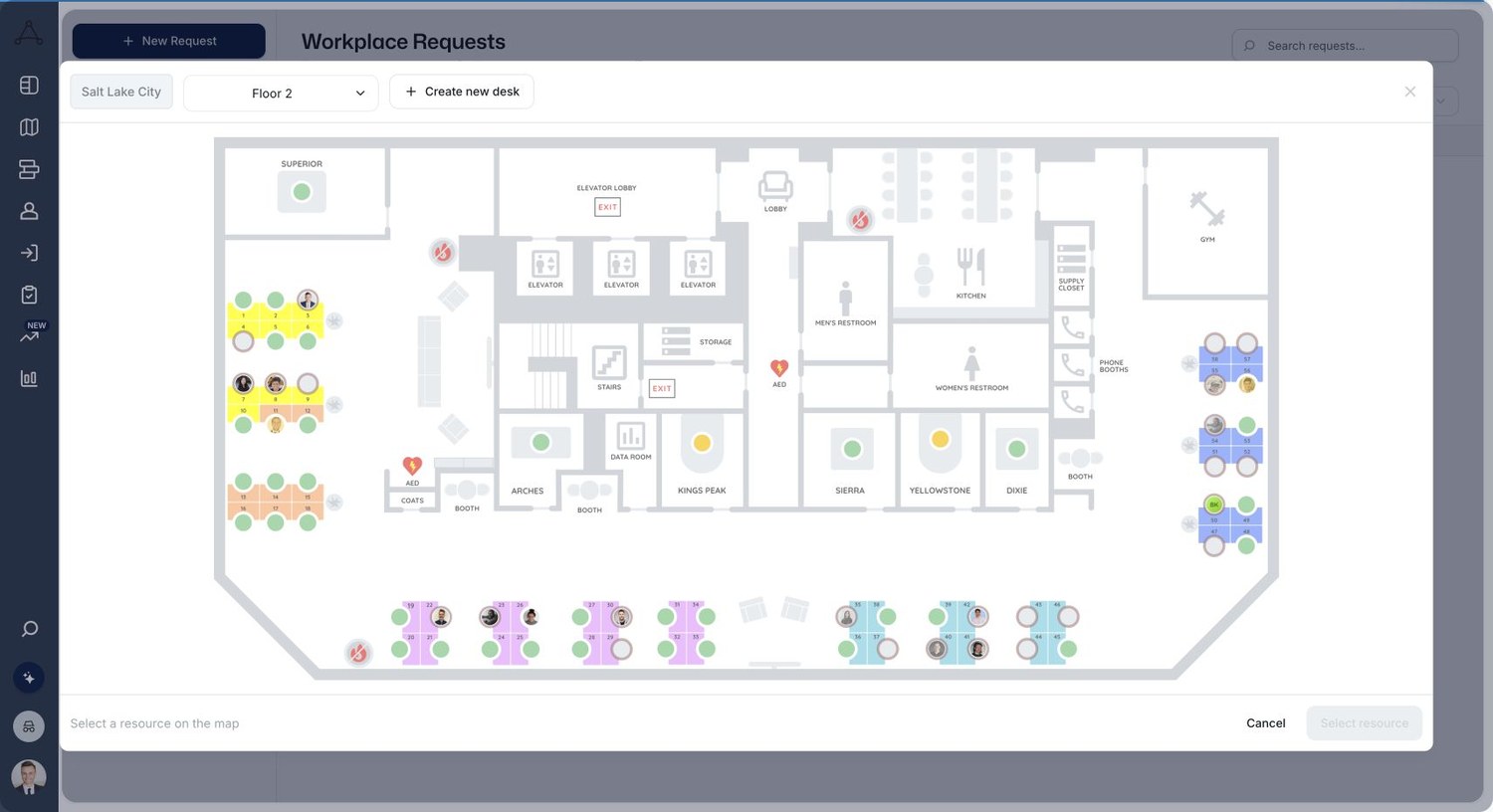 Tactic map used to pin a workplace request to a specific location.