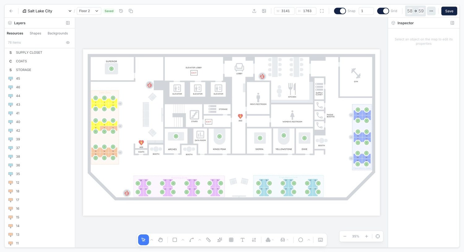 Tactic Map Builder with floor-plan editing controls, resources, and layers.