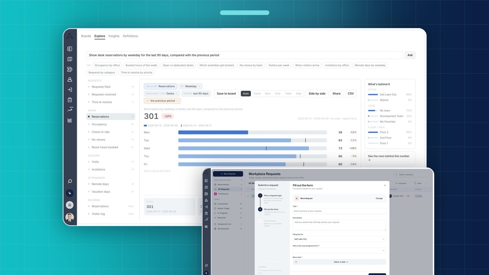 Tactic connected workplace release featuring Analytics, Workplace Requests, and Map Builder.