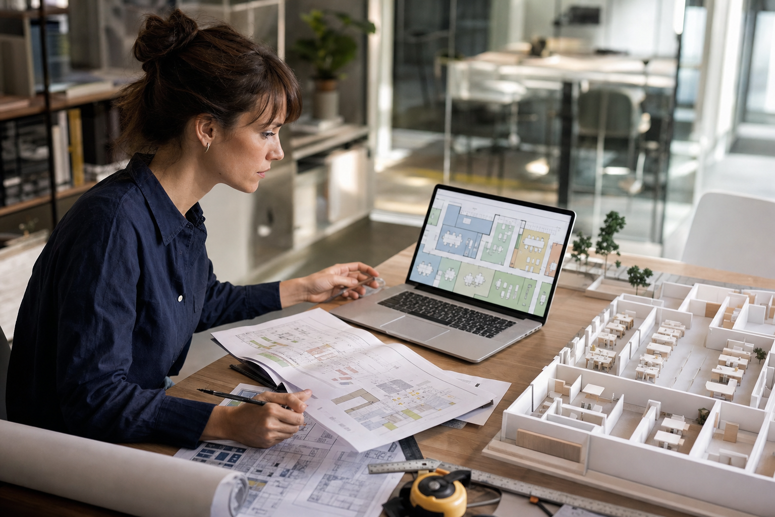 Workplace planner reviewing a digital floor plan with workstation and room measurements