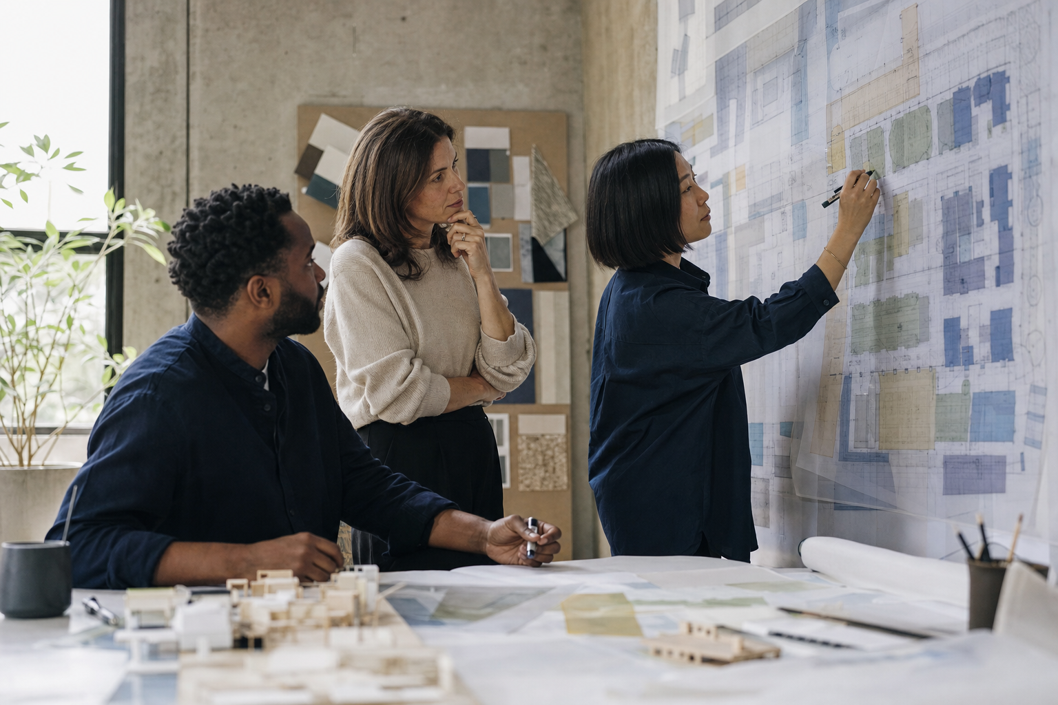 Workplace operations leaders reviewing transparent office capacity scenarios on a wall of abstract floor plan overlays