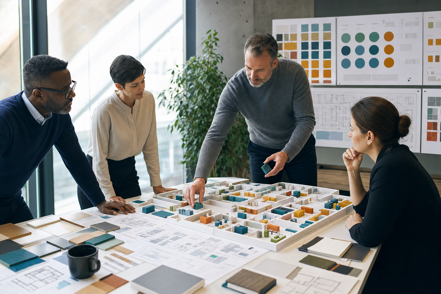 Workplace operations leaders reviewing a physical office model and capacity scenarios in a modern planning room