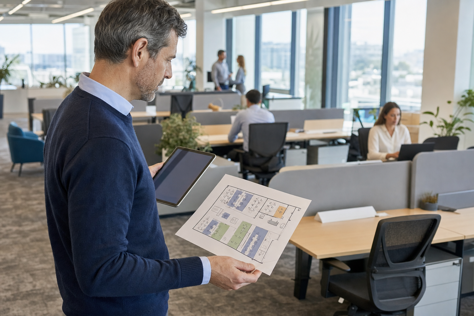 Workplace operations manager comparing a digital desk booking map with a physical office floor