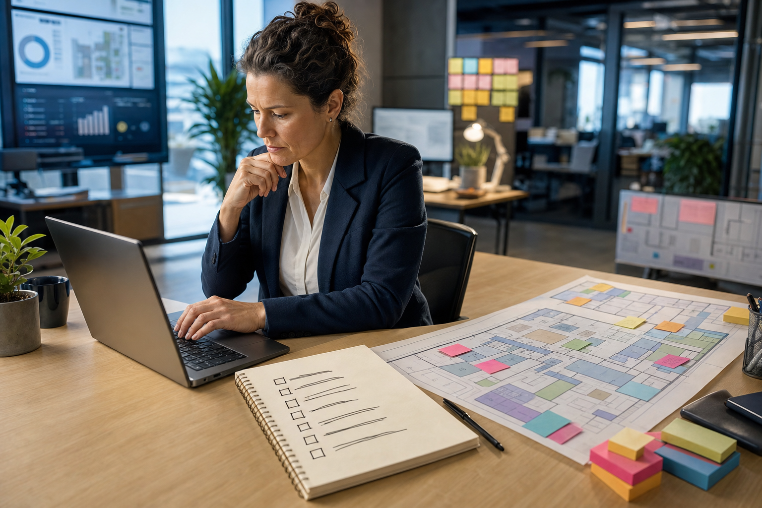 Workplace operations leader reviewing an AI-assisted office resource issue on a laptop beside a workplace map and printed checklist