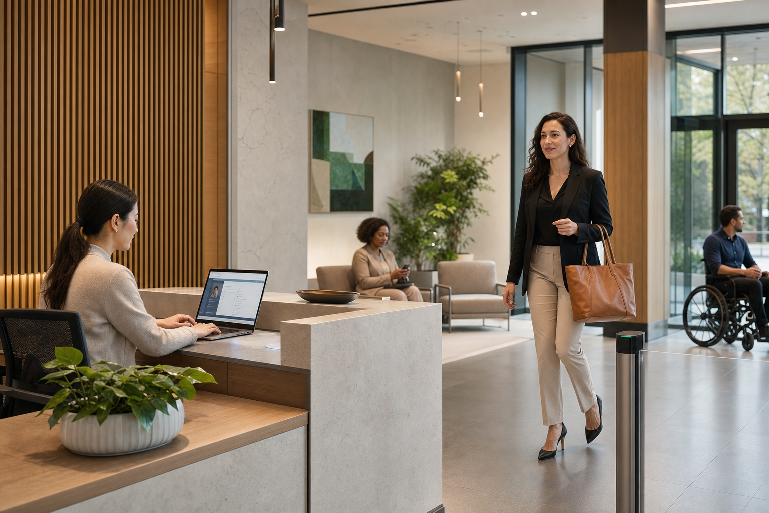 A workplace reception area prepared for an expected visitor, with a host notification and clear arrival path