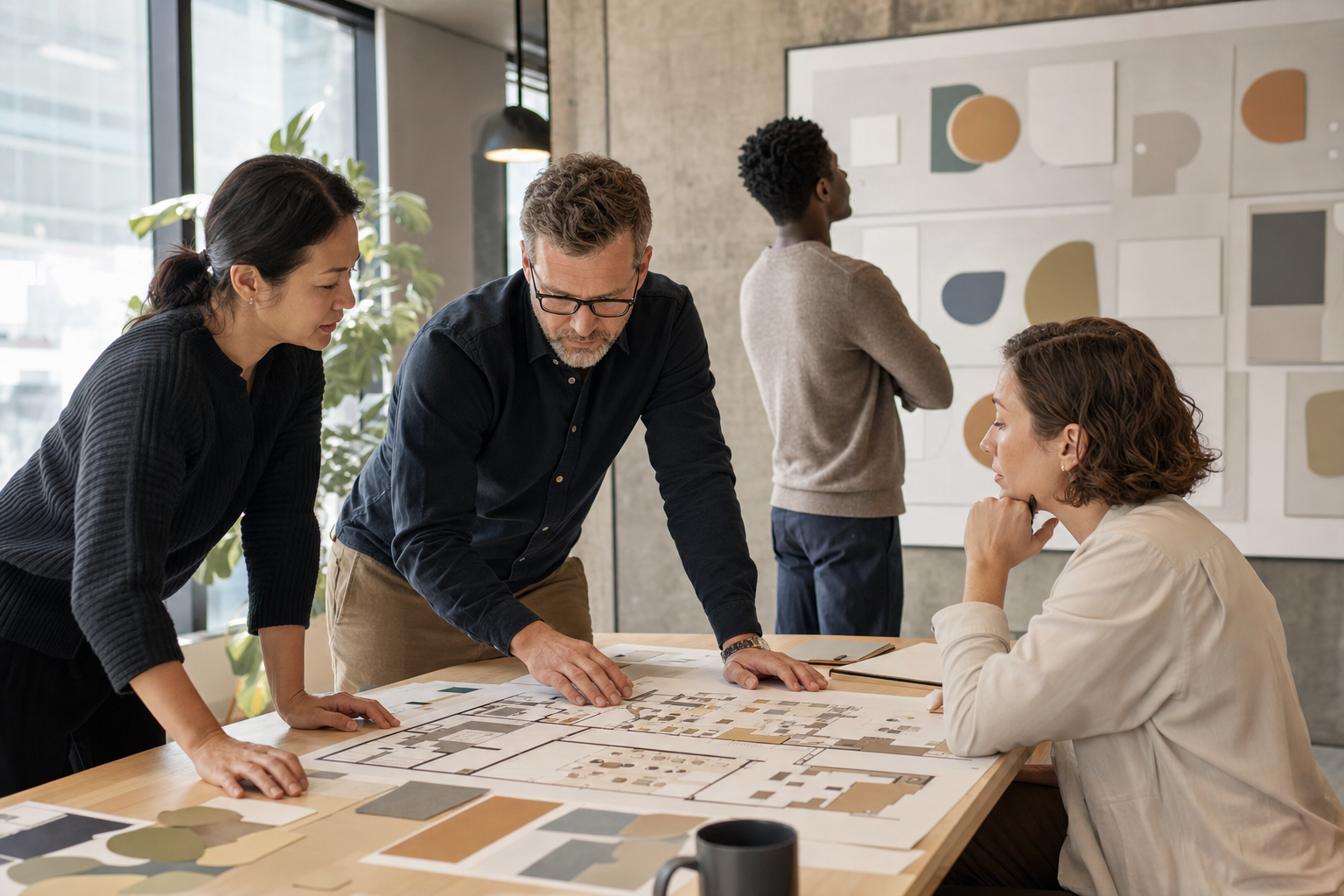 Workplace operations leaders reviewing hybrid planning scenarios across desks, meeting rooms, and team neighborhoods