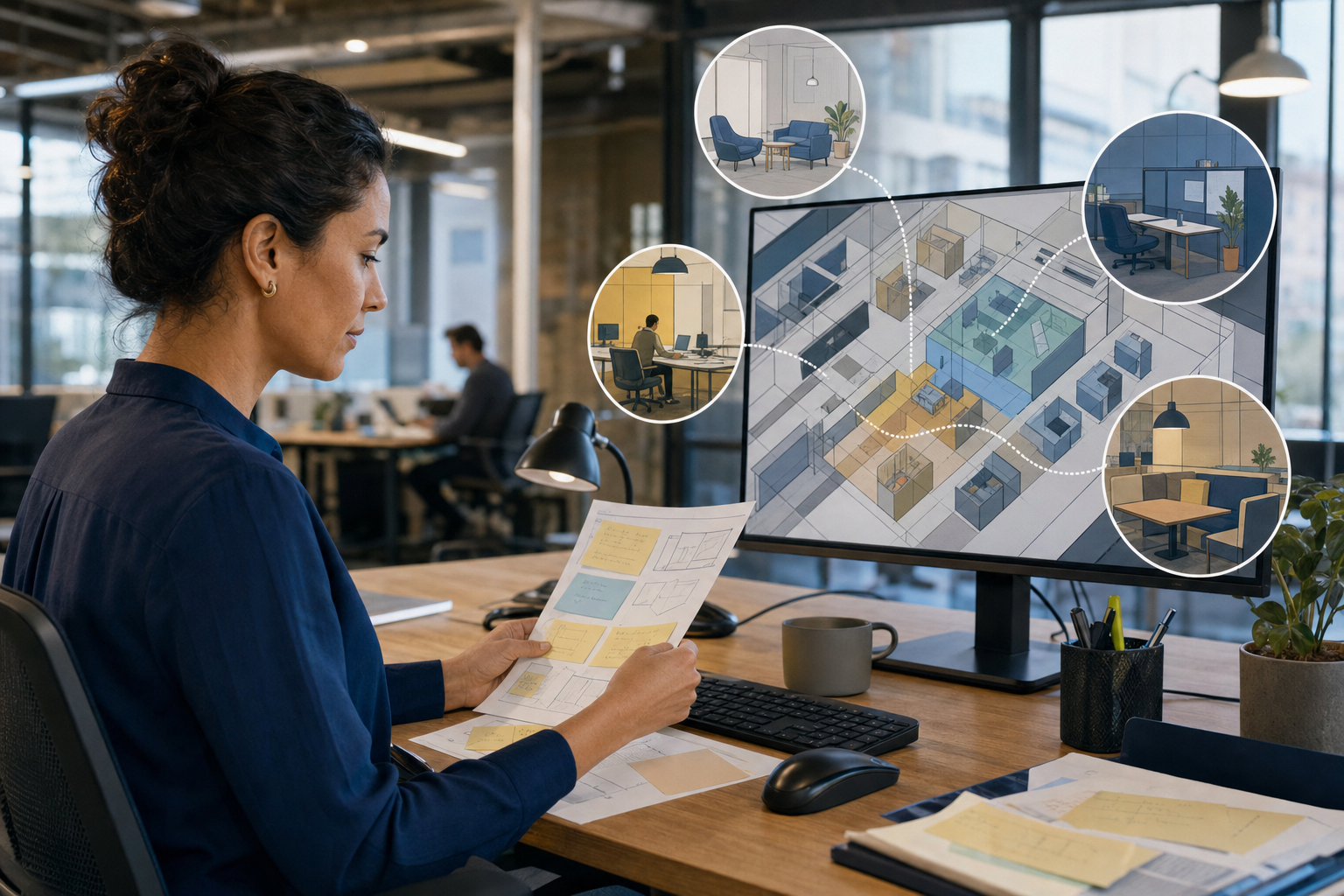Workplace operations manager reviewing employee requests alongside a digital floor plan in a calm modern office