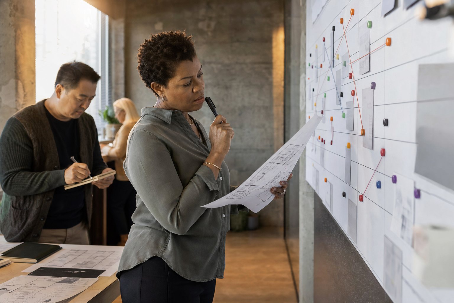 Workplace operations leader reviewing a request prioritization board with space plans and service notes