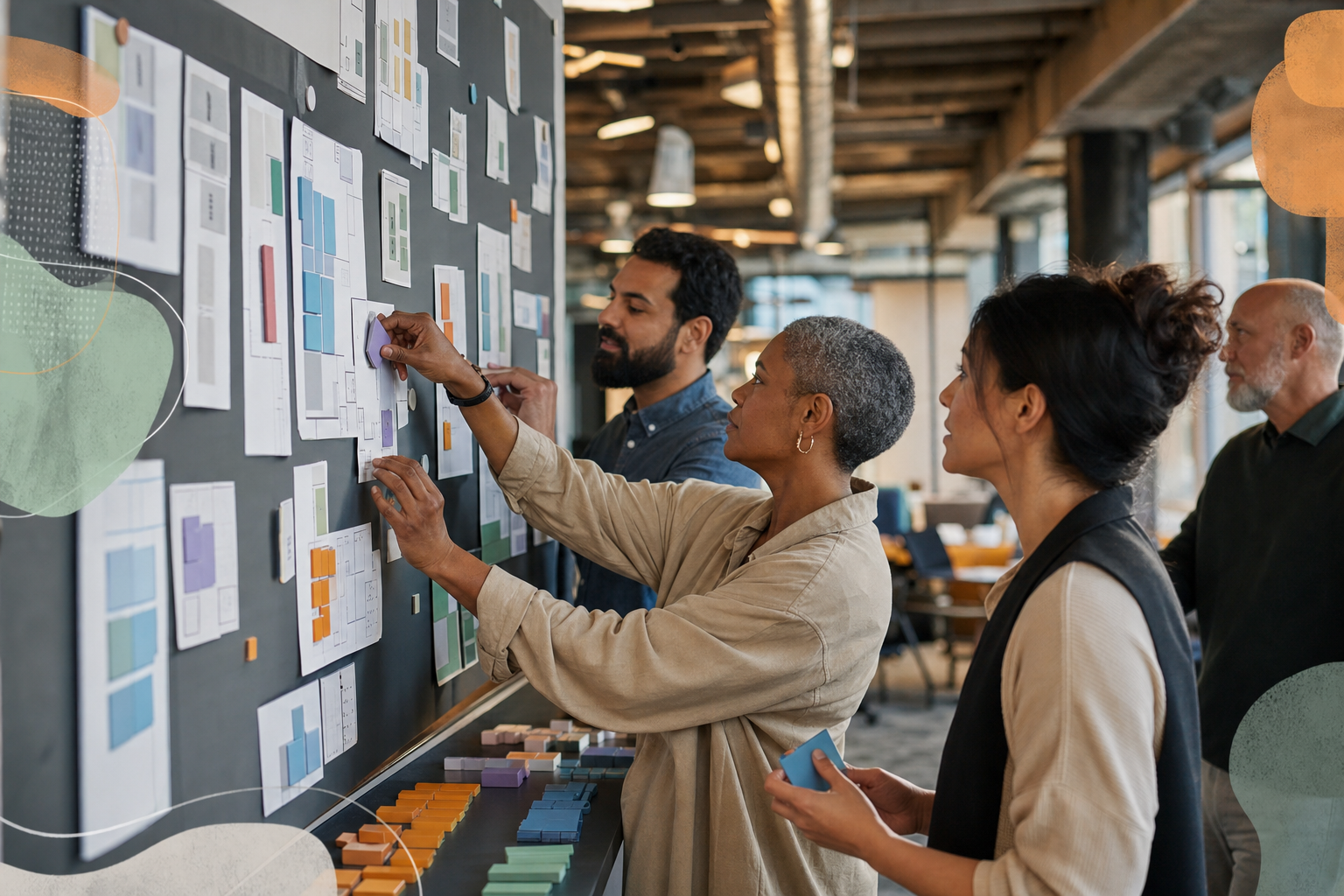 Workplace operations team reviewing a coordinated office move on a wall of abstract floor plans and colored location markers