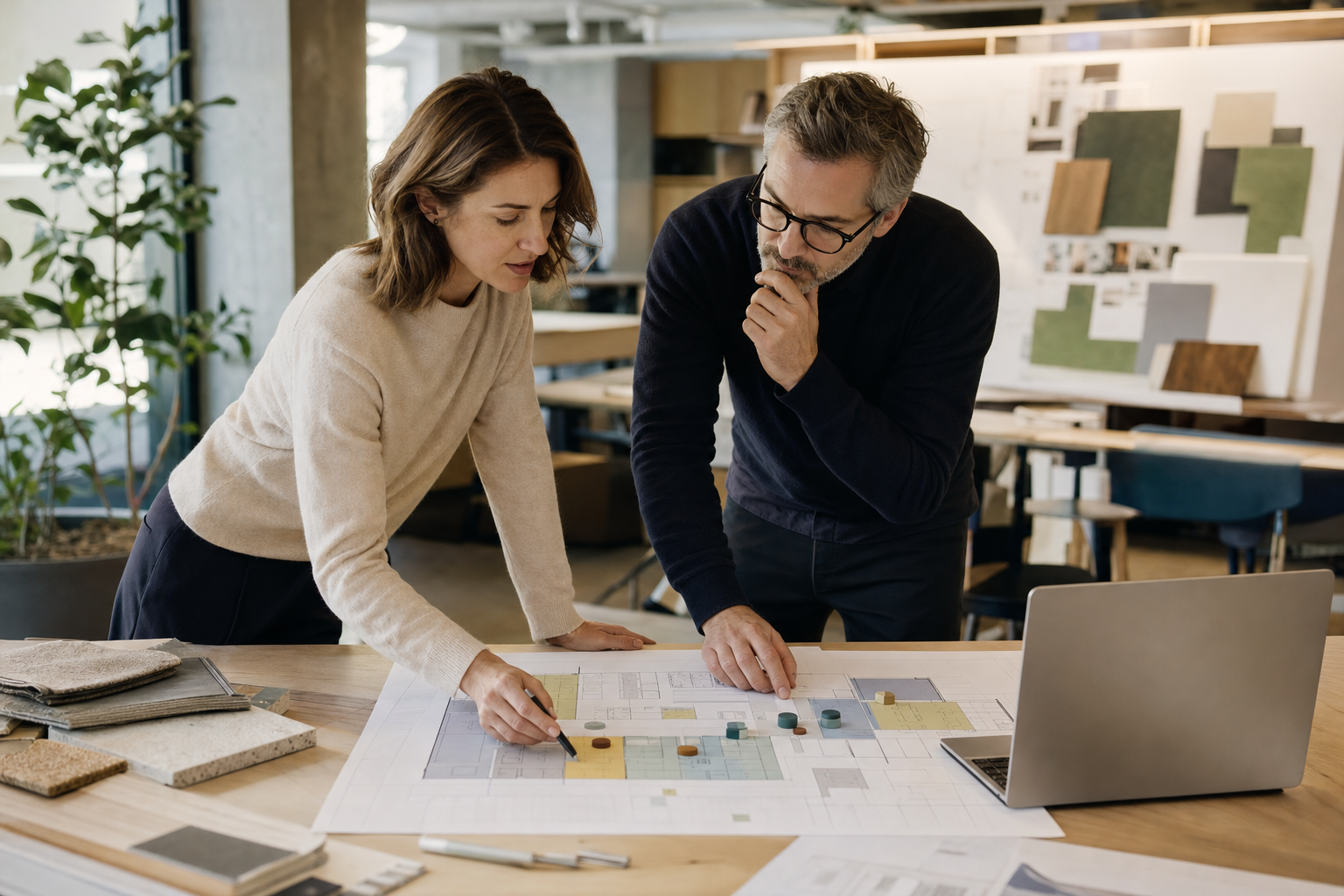 Workplace operations team reviewing an office space allocation plan with a floor plan and shared seating zones