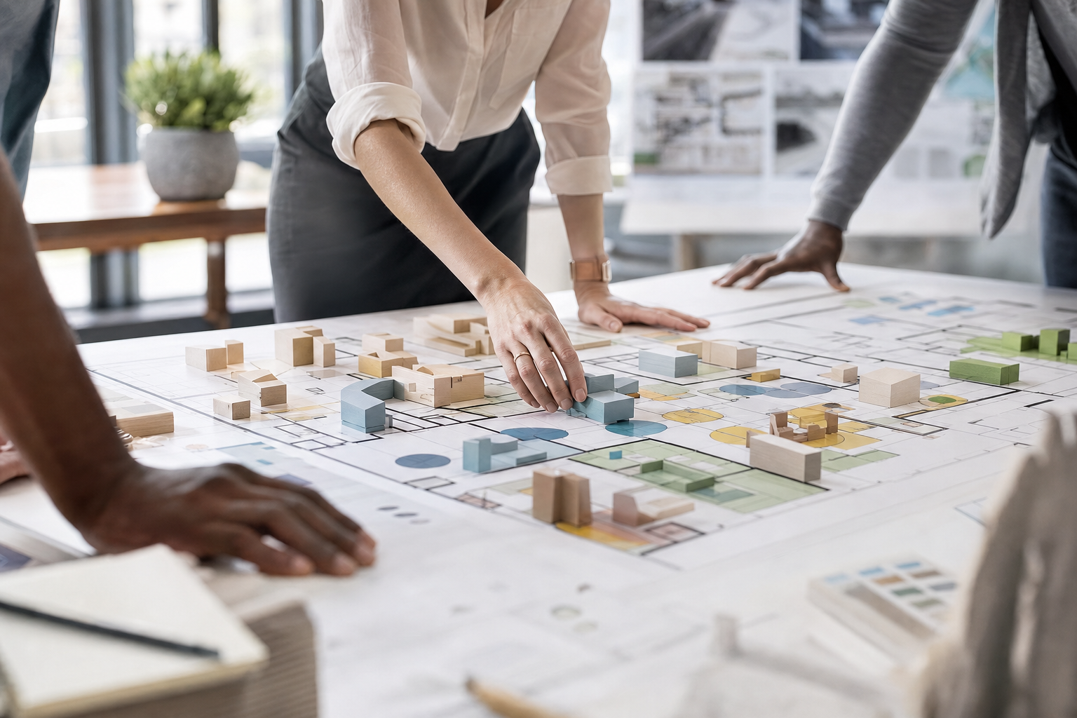 Workplace planner reviewing a physical office model with modular blocks and capacity notes
