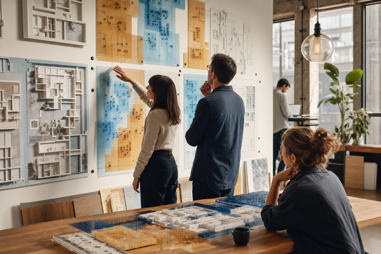 Workplace planners reviewing office capacity scenarios on a wall of abstract floor plan panels