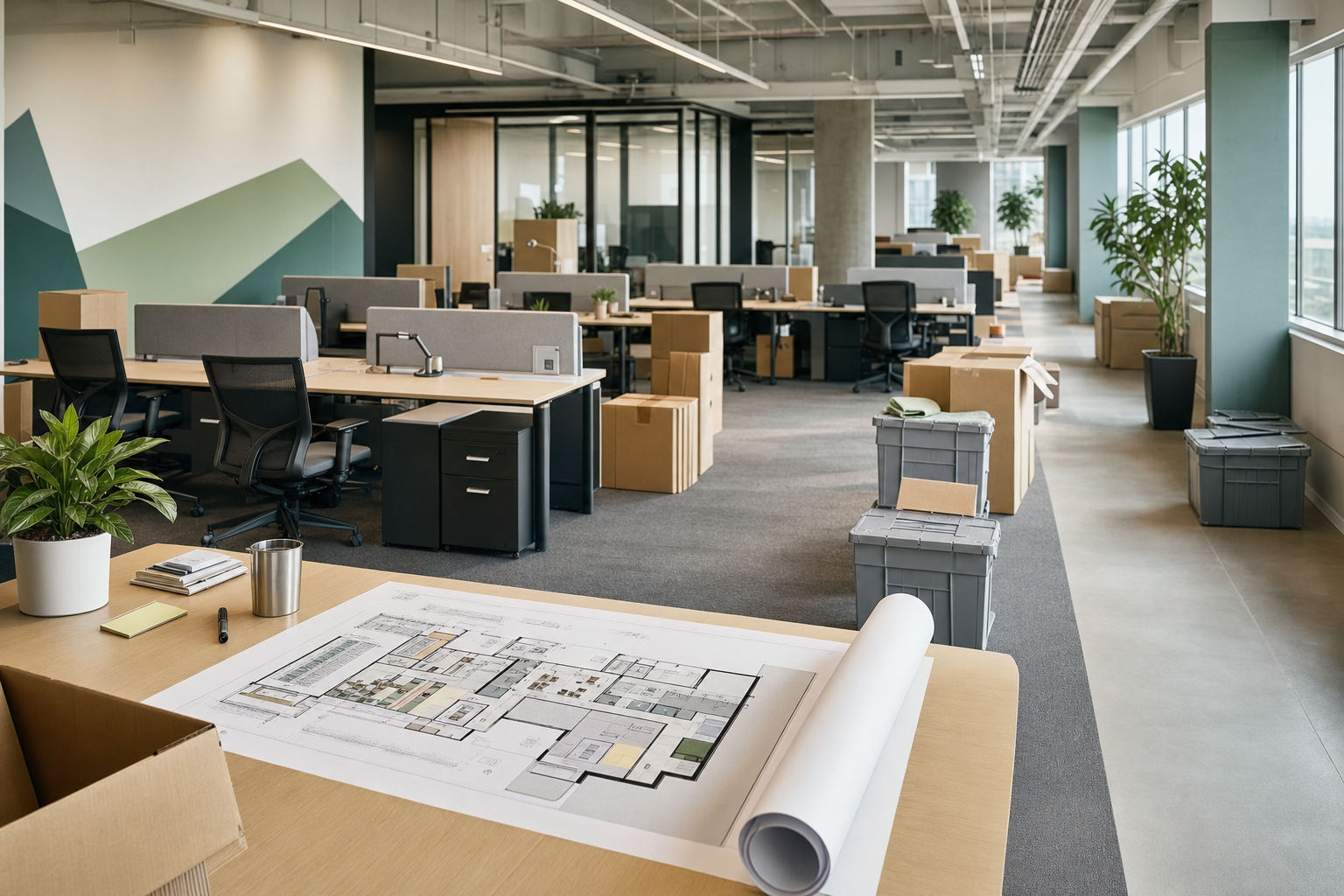 A contemporary office neighborhood prepared for a coordinated bulk move, with desks, storage, wayfinding, and floor plan materials visible