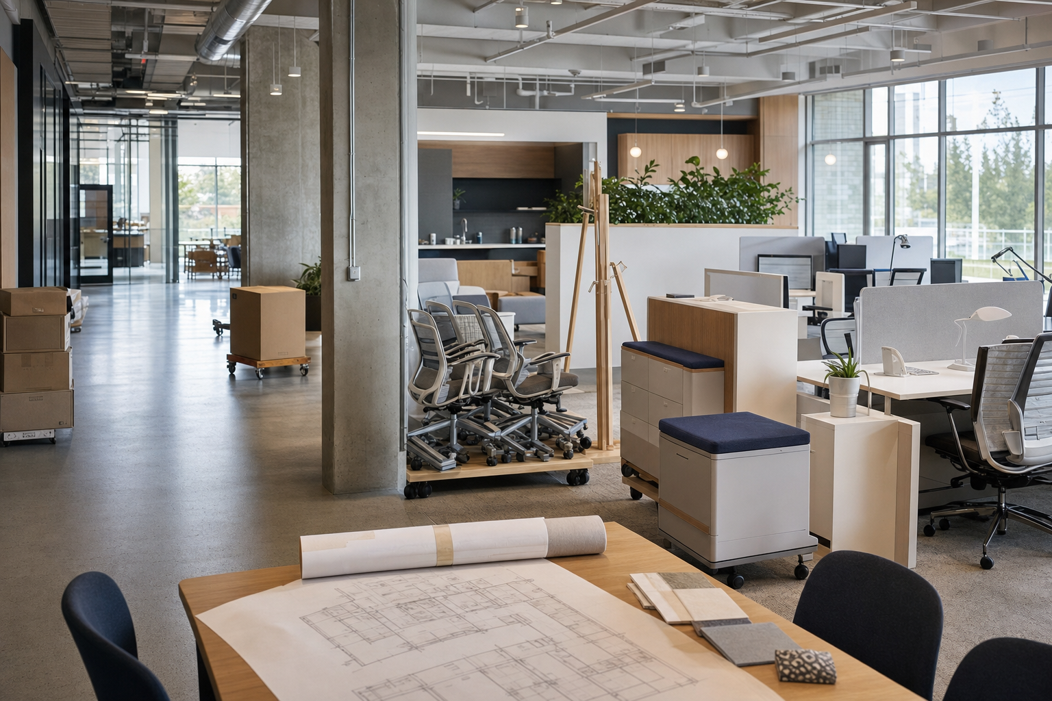 Contemporary office floor with clustered desks, clear neighborhoods, and a detailed floor plan on a workplace operations table