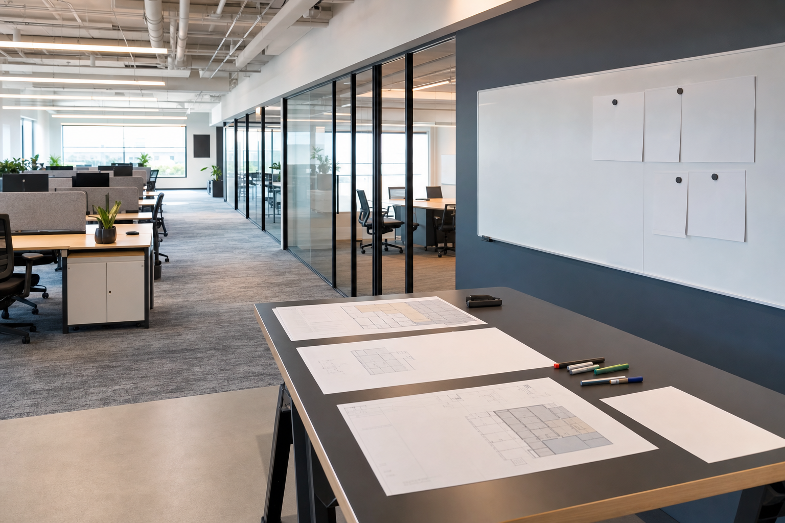 Contemporary office floor plan with desks, meeting rooms, and planning materials showing workplace capacity analysis