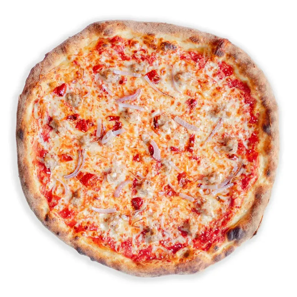 Calabrese Sausage & Hot Honey pizza from Pizzeria Mungo in Richmond VA — spicy-sweet New York style pizza topped with Calabrian sausage, mozzarella, and a drizzle of AR’s Hot Southern Honey.
