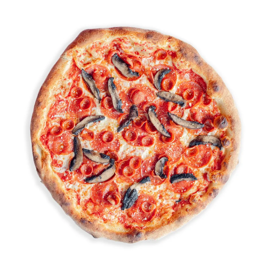 Double Pepperoni and Mushroom pizza fresh from the oven — handcrafted New York style pie for late night pizza cravings in Richmond VA from Pizzeria Mungo.