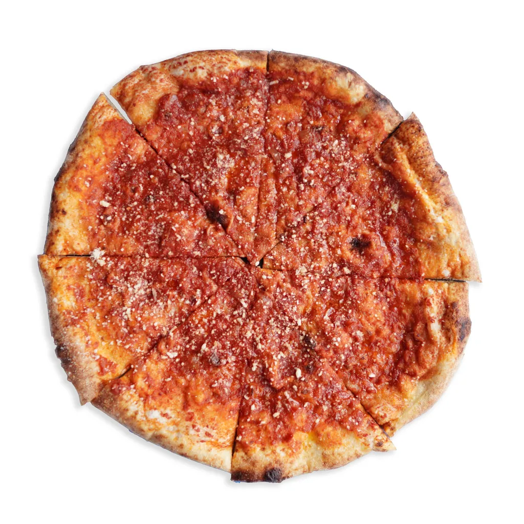 Rustic Red pizza from Pizzeria Mungo — New Haven–style tomato pie topped with rich marinara made with onions and garlic, finished with American Grana in Carytown Richmond VA.