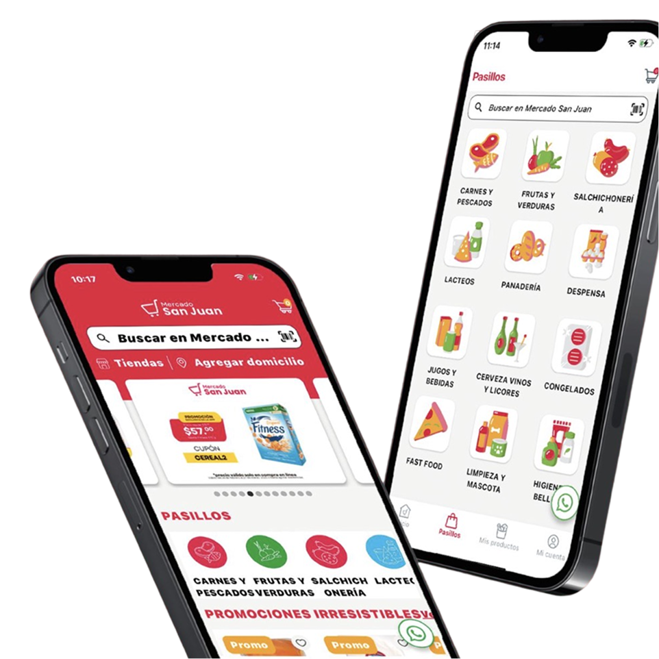 Pantalla de aplicación móvil de Mercado San Juan mostrando categorías como carnes, frutas, verduras y lácteos, y opciones de productos y promociones.