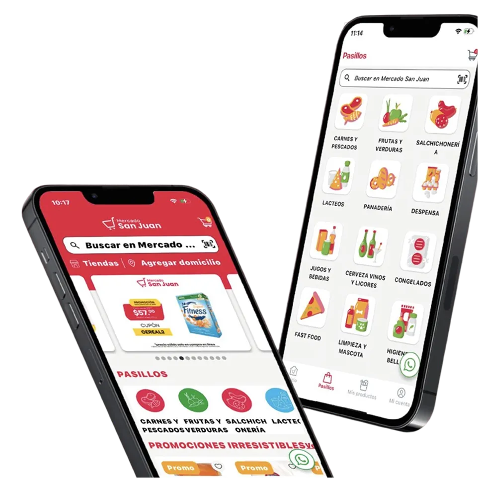 Pantalla de aplicación móvil de Mercado San Juan mostrando categorías como carnes, frutas, verduras y lácteos, y opciones de productos y promociones.