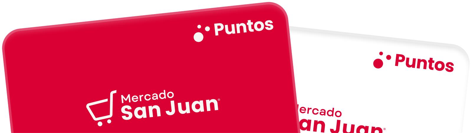 Dos tarjetas de puntos de Mercado San Juan, una roja y otra blanca, con el logo y texto en blanco y rojo respectivamente.