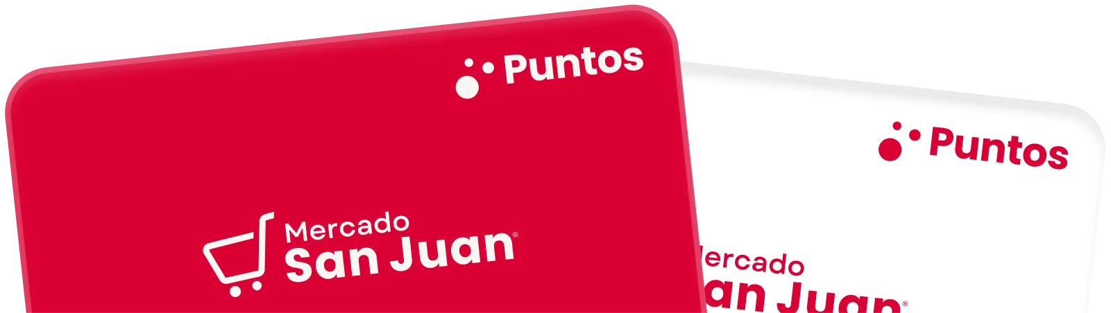 Dos tarjetas de puntos de Mercado San Juan, una roja y otra blanca, con el logo y texto en blanco y rojo respectivamente.
