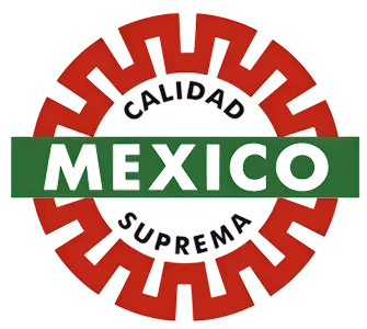 Logotipo con la palabra MEXICO en verde sobre una banda verde, rodeada por un engranaje rojo con las palabras Calidad Suprema.